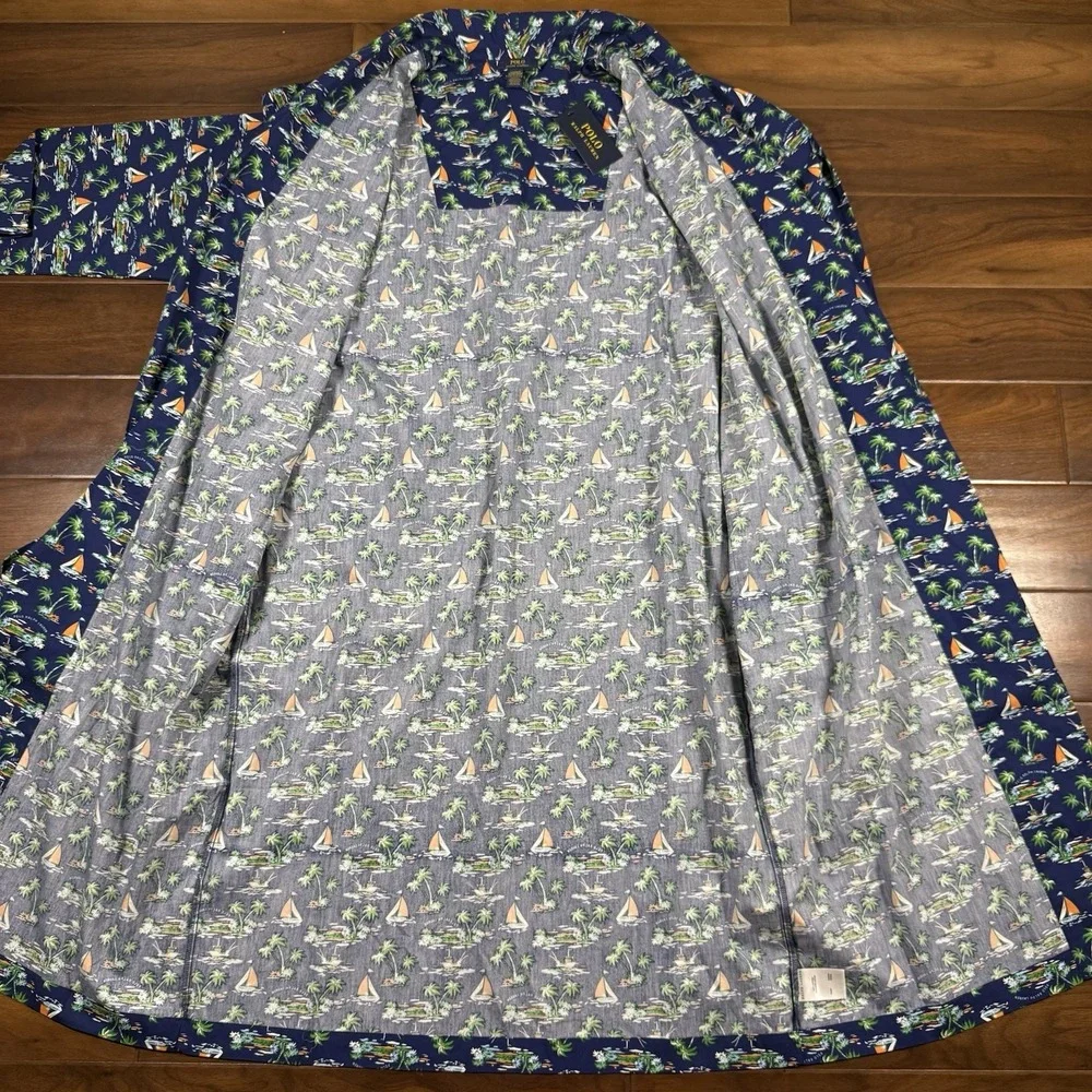 Polo Ralph Lauren Men's Size S / M Blue Tropical Sailboat Print 100% Cotton Robe